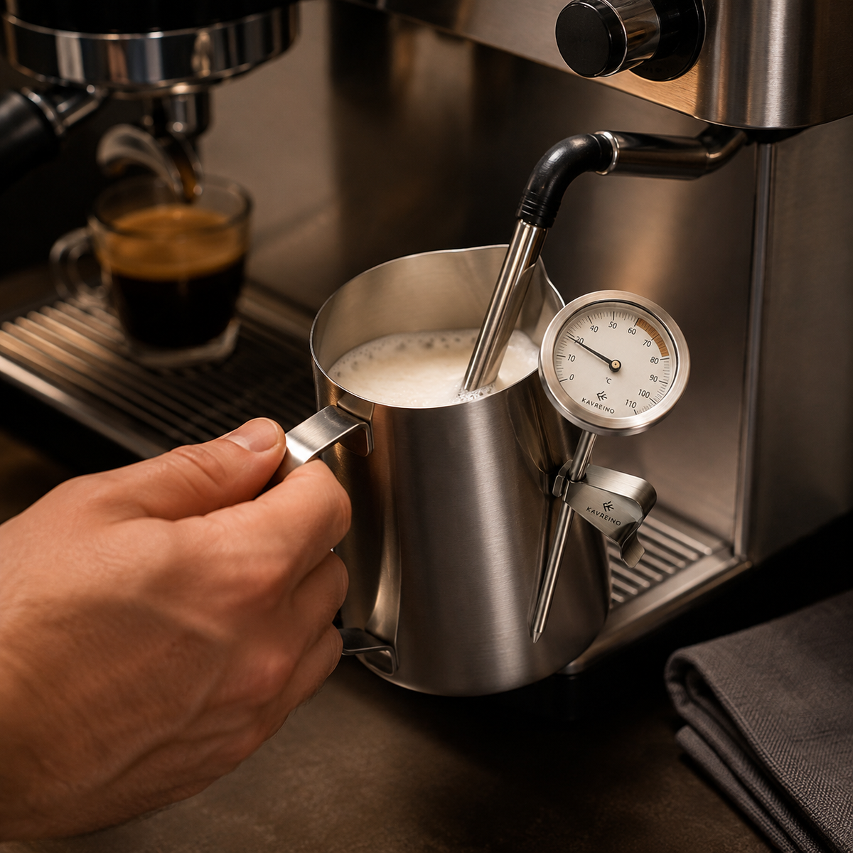 Kavreino Milk Frothing Thermometer in use