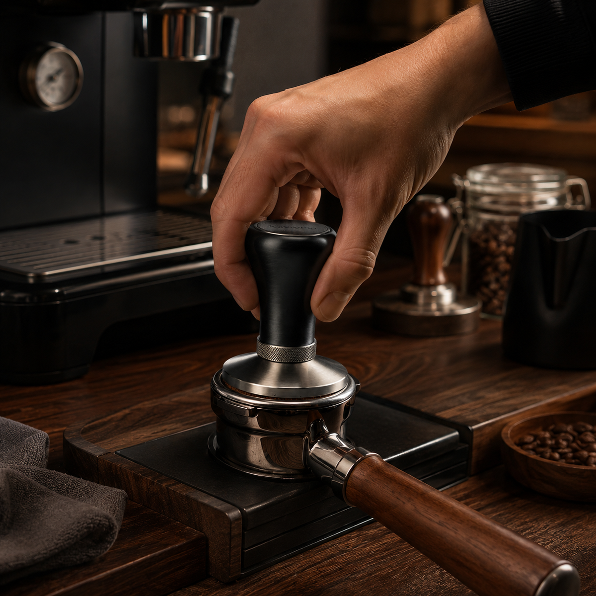 Kavreino Precision Espresso Tamper in use