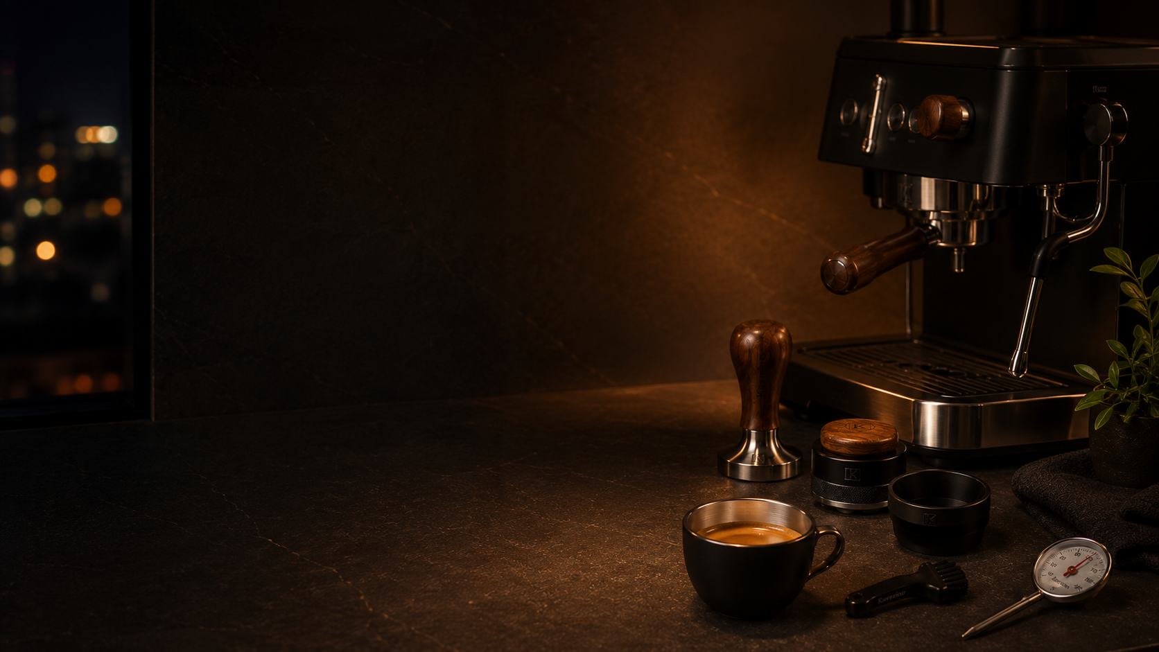 Kavreino brand closing banner for modern home espresso station