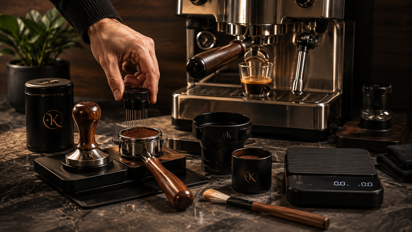 Kavreino espresso preparation tools on a home coffee station