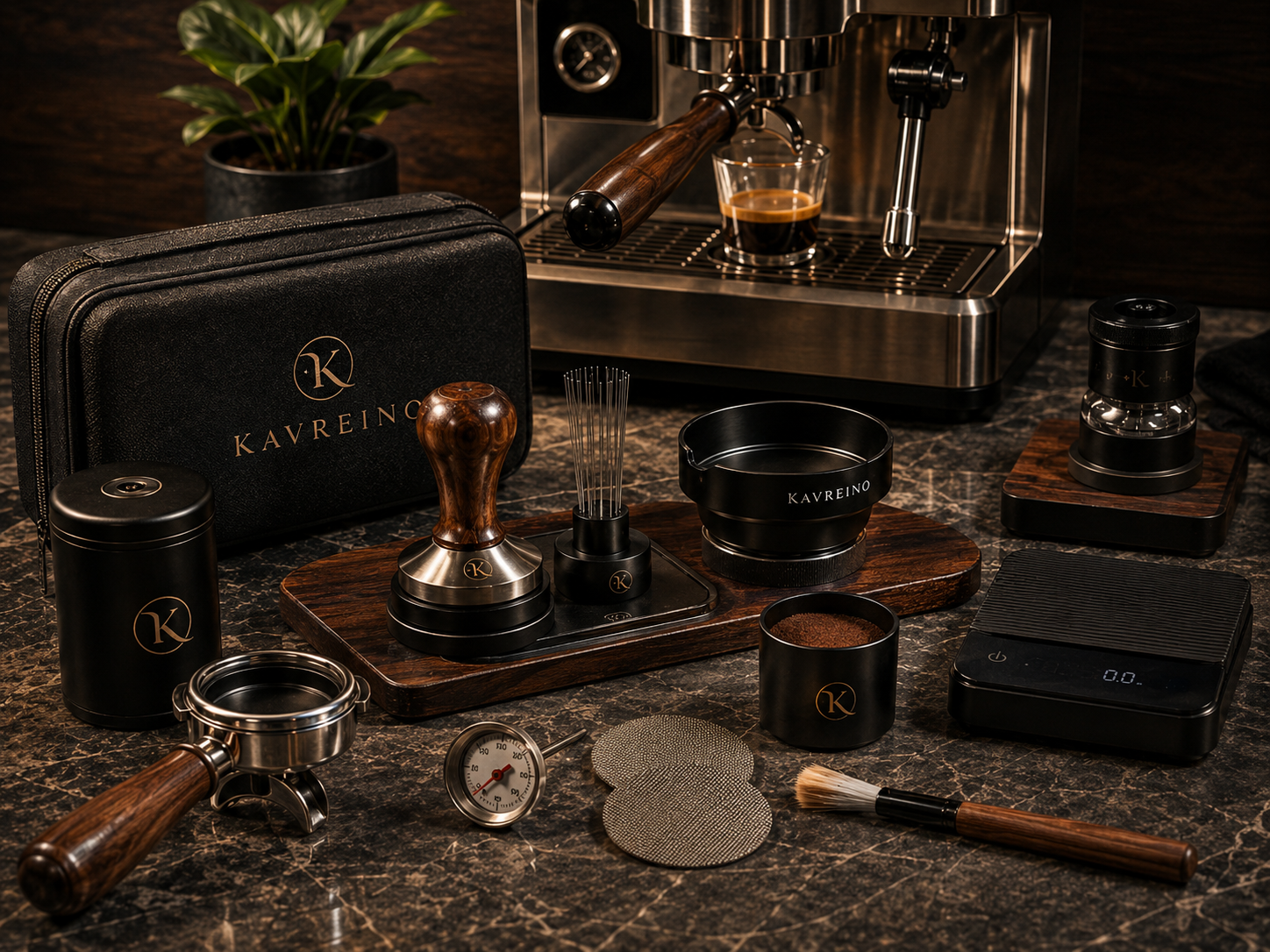 Modern home espresso station with Kavreino tools